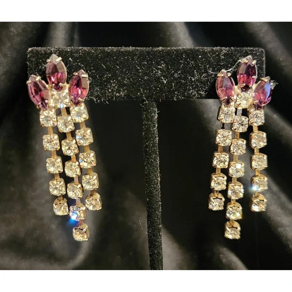 VTG Pierced Purple Marquise Clear Rhinestone Chandelier Earrings Silver Tone